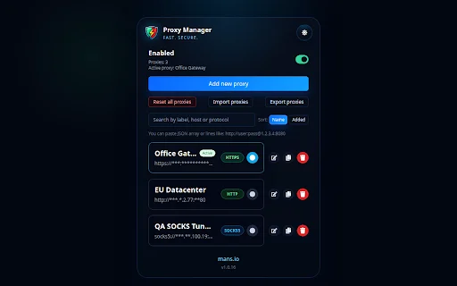 Proxy Manager ڈاؤن لوڈ کریں – براؤزر پراکسی کا آسان انتظام - Screenshot 1