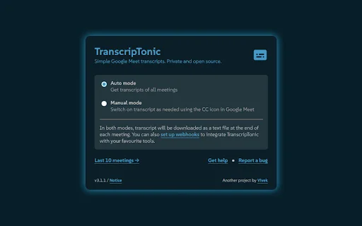 TranscripTonic ڈاؤن لوڈ کریں – گوگل میٹ ٹرانسکرپٹ کے لیے بہترین مفت ٹول - Screenshot 1